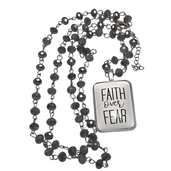 The Vintage Sparrow Faith Over Fear Gray Faceted Bead Silver Tone Necklace QVC - Picture 1 of 5